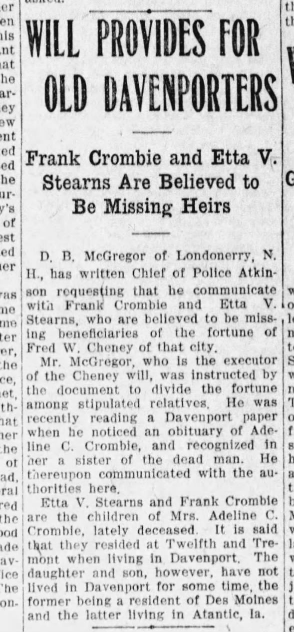 Will Provides for Old Davenporters, Frank Crombie and Etta V sterns are believed to be missing heirs